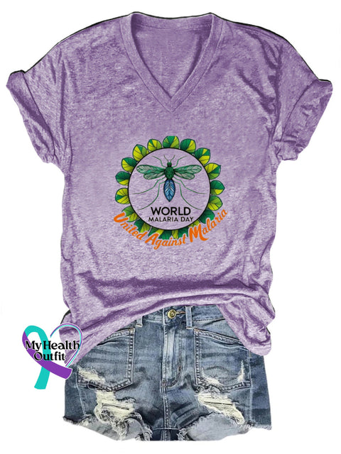 World Malaria Day Printed Casual V-Neck Short Sleeve T-Shirt Purple / S