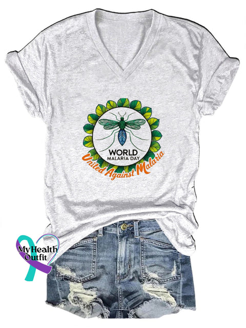 World Malaria Day Printed Casual V-Neck Short Sleeve T-Shirt White / S