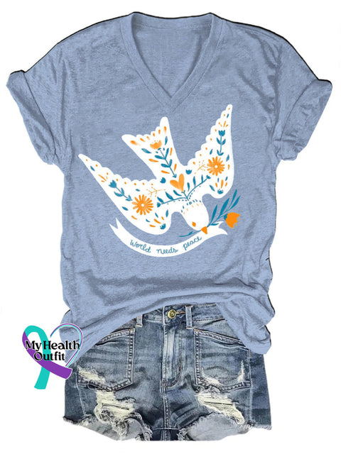 World Needs Peace Peace Dove Print Casual V-Neck Short Sleeve T-Shirt Multicolor / S