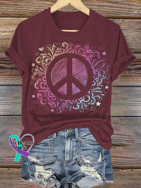 World Peace Graphic Crew Neck Casual Short Sleeve T-Shirt Claret / S