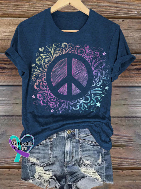 World Peace Graphic Crew Neck Casual Short Sleeve T-Shirt Navyblue / S