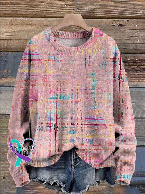 Woven Texture Painting Printed Knit Pullover Sweater Pink / S