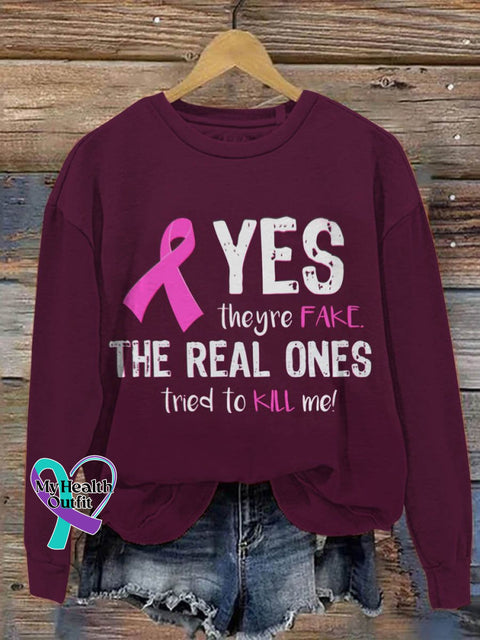 Yes They’re Fake The Real Ones Tried To Kill Me Breast Cancer Awareness Art Print Pattern Casual