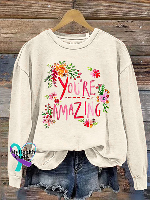 You Are Amazing Crew Neck Long Sleeve Casual Sweatshirt Beige / S