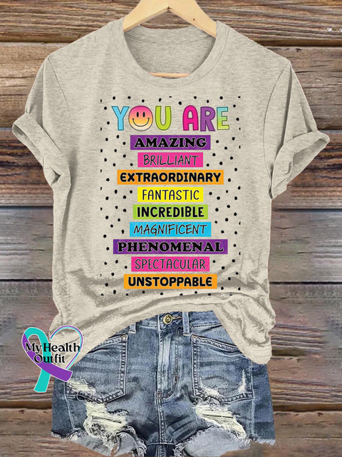 You Are Amazing Polka Dot Print Casual Round Neck Short Sleeve T-Shirt Beige / S