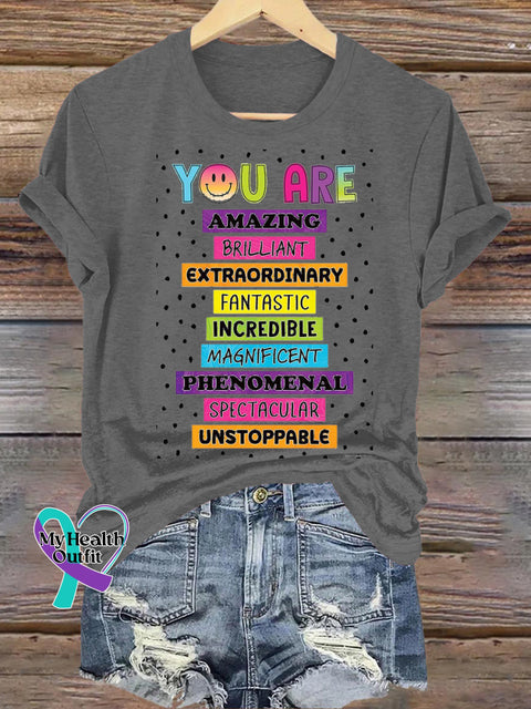 You Are Amazing Polka Dot Print Casual Round Neck Short Sleeve T-Shirt Grey / S