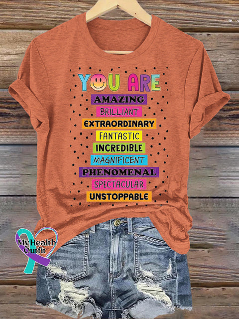 You Are Amazing Polka Dot Print Casual Round Neck Short Sleeve T-Shirt Orange / S