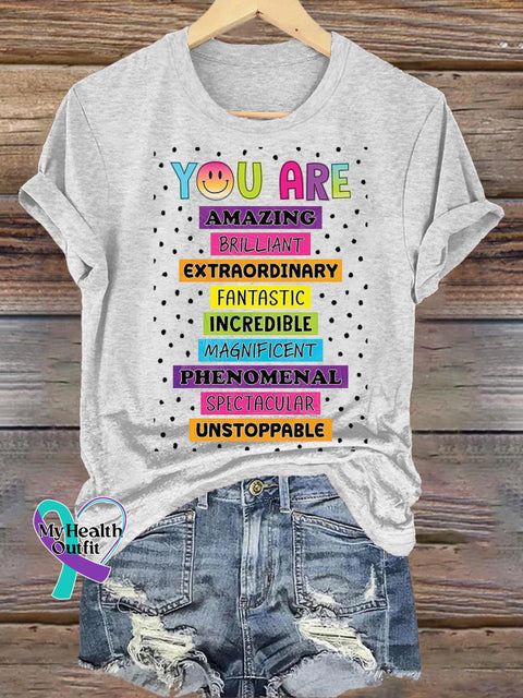 You Are Amazing Polka Dot Print Casual Round Neck Short Sleeve T-Shirt White / S