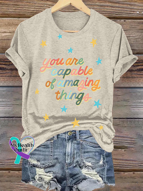You Are Capable Of Amazing Things Star Printed Casual Crew Neck Short Sleeve T-Shirt Beige / S