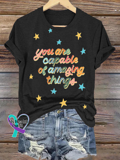 You Are Capable Of Amazing Things Star Printed Casual Crew Neck Short Sleeve T-Shirt Black / S