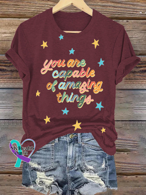 You Are Capable Of Amazing Things Star Printed Casual Crew Neck Short Sleeve T-Shirt Brown / S