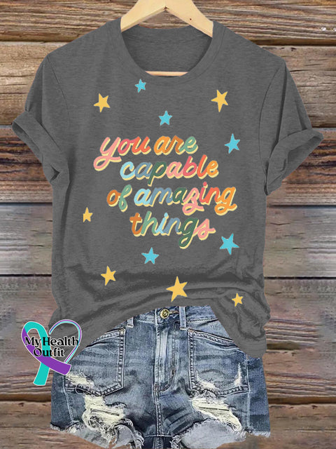 You Are Capable Of Amazing Things Star Printed Casual Crew Neck Short Sleeve T-Shirt Grey / S