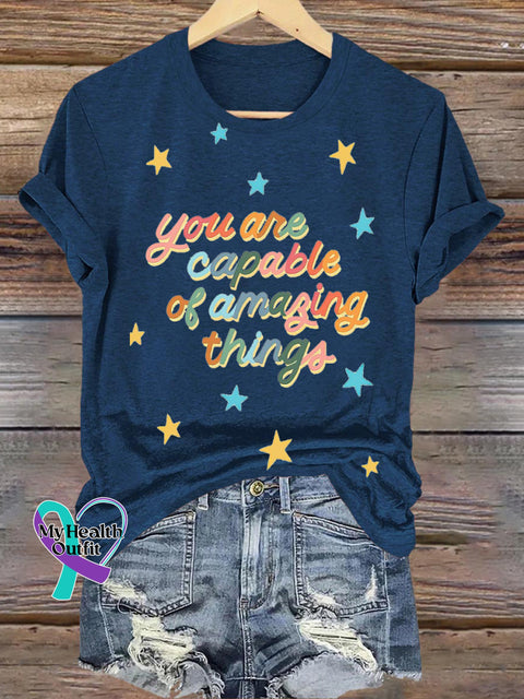 You Are Capable Of Amazing Things Star Printed Casual Crew Neck Short Sleeve T-Shirt NavyBlue / S