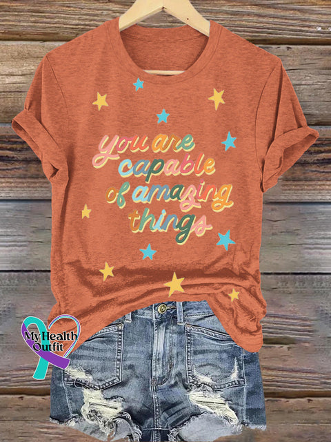You Are Capable Of Amazing Things Star Printed Casual Crew Neck Short Sleeve T-Shirt Orange / S