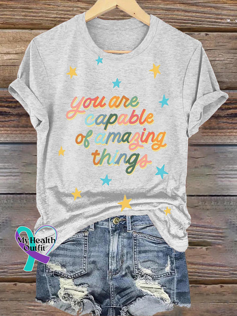 You Are Capable Of Amazing Things Star Printed Casual Crew Neck Short Sleeve T-Shirt White / S