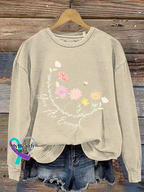 You Are Enough Floral Bee Print Casual Sweatshirt Beige / S