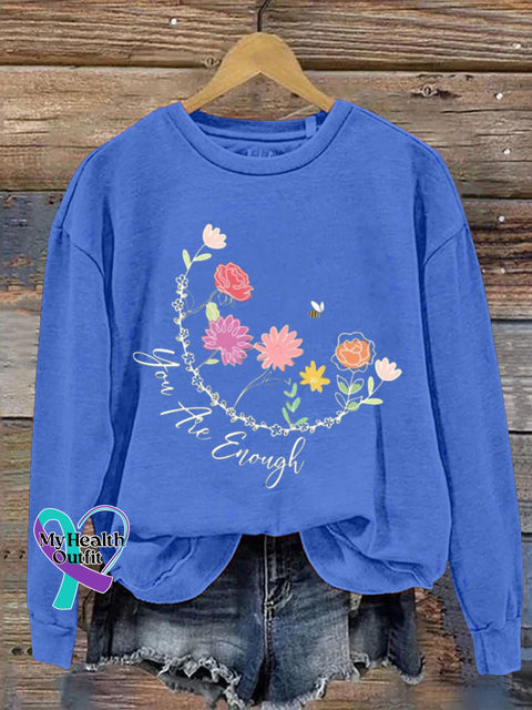 You Are Enough Floral Bee Print Casual Sweatshirt Blue / S