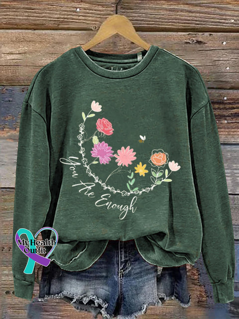 You Are Enough Floral Bee Print Casual Sweatshirt Green / S