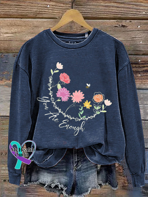 You Are Enough Floral Bee Print Casual Sweatshirt NavyBlue / S