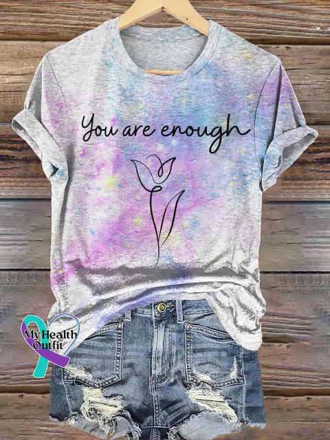 You Are Enough Floral Print Casual Round Neck Short Sleeve T-Shirt Multicolor / S