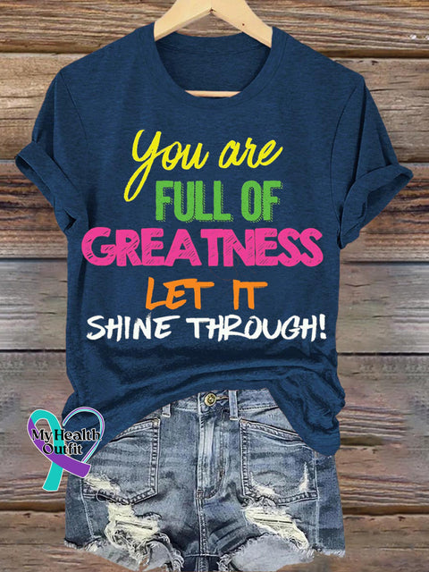 You Are Full Of Greatness Let It Shine Through Printed Casual Round Neck Short Sleeve T-Shirt NavyBlue / S