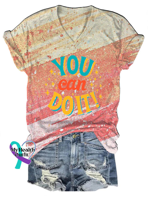 You Can Do It Gradient Print Casual V-Neck Short Sleeve T-Shirt Multicolor / S