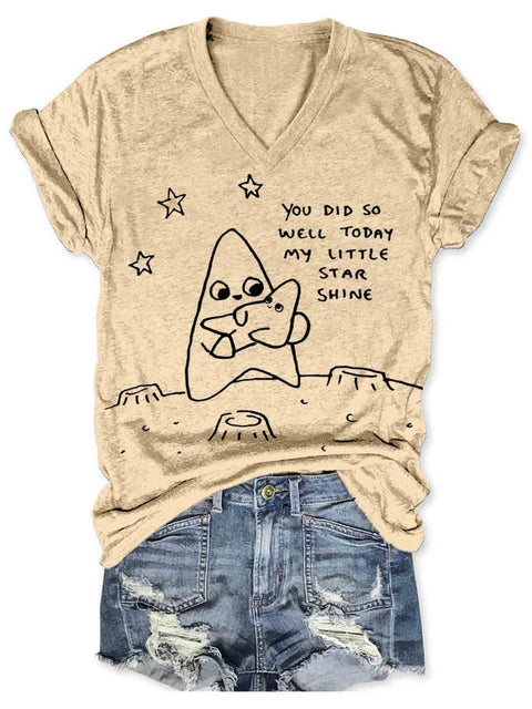 You Did So Well Art V-neck Casual T-Shirt Apricot / S