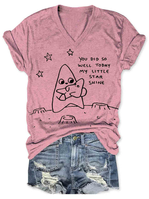 You Did So Well Art V-neck Casual T-Shirt Pink / S