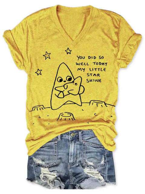 You Did So Well Art V-neck Casual T-Shirt Yellow / S
