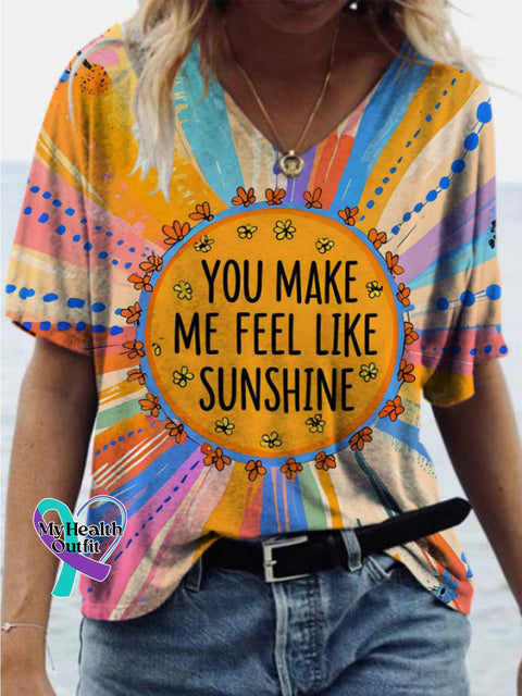 You Make Feel Like Sunshine Printed Loose Casual V-Neck Short Sleeve T-Shirt Multicolor / S