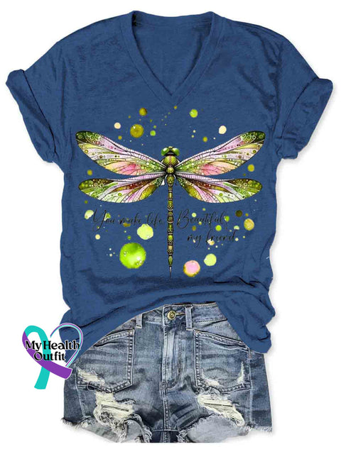 You Make Life Beautiful Dragonfly Art V neck Casual T Shirt Blue / S