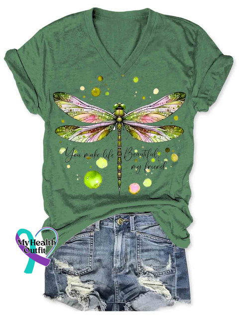You Make Life Beautiful Dragonfly Art V neck Casual T Shirt Green / S