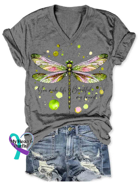 You Make Life Beautiful Dragonfly Art V neck Casual T Shirt Grey / S