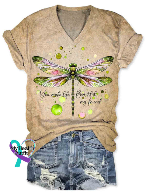 You Make Life Beautiful Dragonfly Art V neck Casual T Shirt Khaki / S