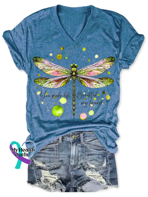You Make Life Beautiful Dragonfly Art V neck Casual T Shirt LightBlue / S