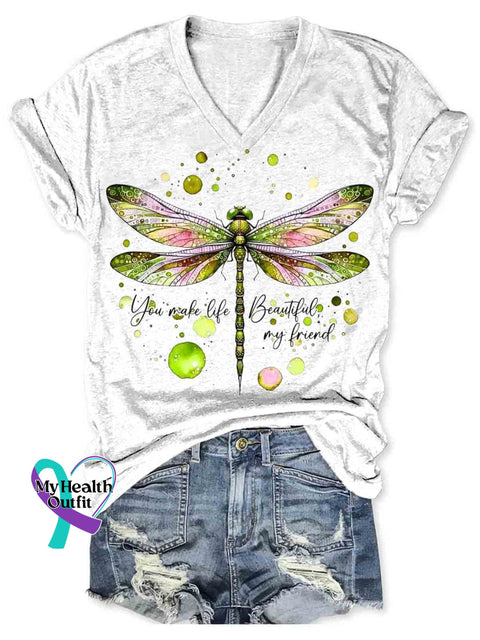You Make Life Beautiful Dragonfly Art V neck Casual T Shirt White / S