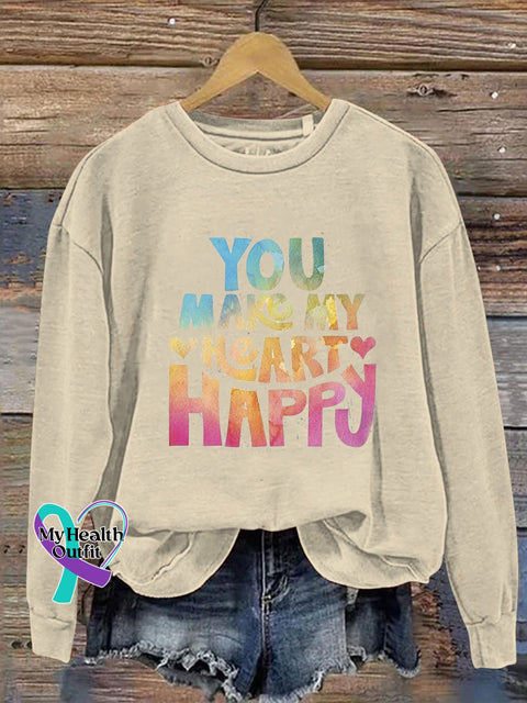 You Make My Heart Happy Printed Casual Crew Neck Sweatshirt Beige / S