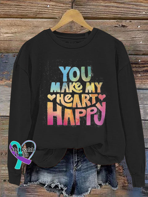 You Make My Heart Happy Printed Casual Crew Neck Sweatshirt Black / S