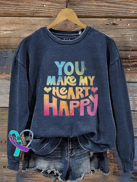 You Make My Heart Happy Printed Casual Crew Neck Sweatshirt NavyBlue / S