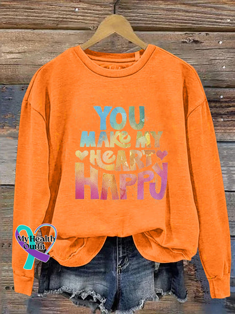 You Make My Heart Happy Printed Casual Crew Neck Sweatshirt Orange / S