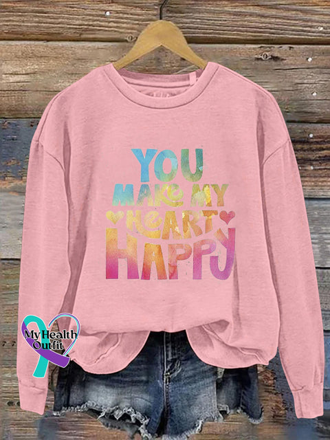 You Make My Heart Happy Printed Casual Crew Neck Sweatshirt Pink / S