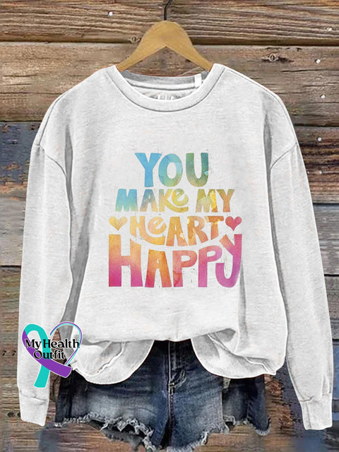 You Make My Heart Happy Printed Casual Crew Neck Sweatshirt White / S