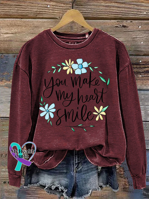 You Make My Heart Smile Crew Neck Long Sleeve Casual Sweatshirt Claret / S
