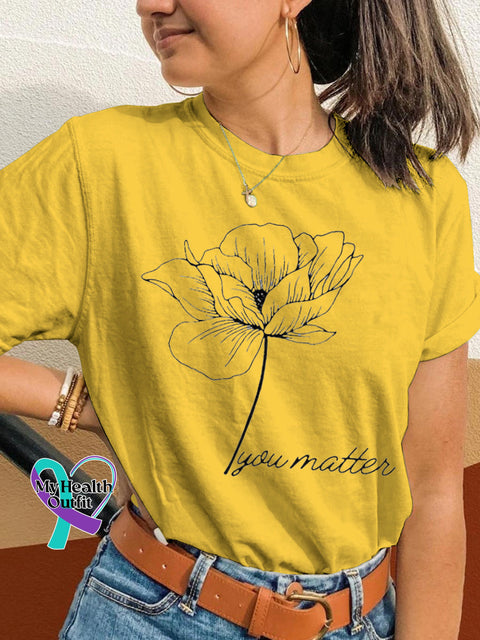 You Matter Floral Print Casual Crew Neck Short Sleeve T-Shirt Yellow / S
