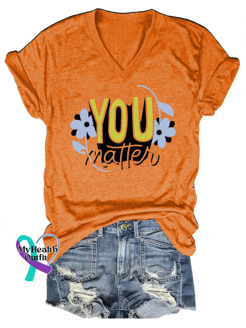 You Matter Printed Casual V-Neck Short Sleeve T-Shirt Orange / S