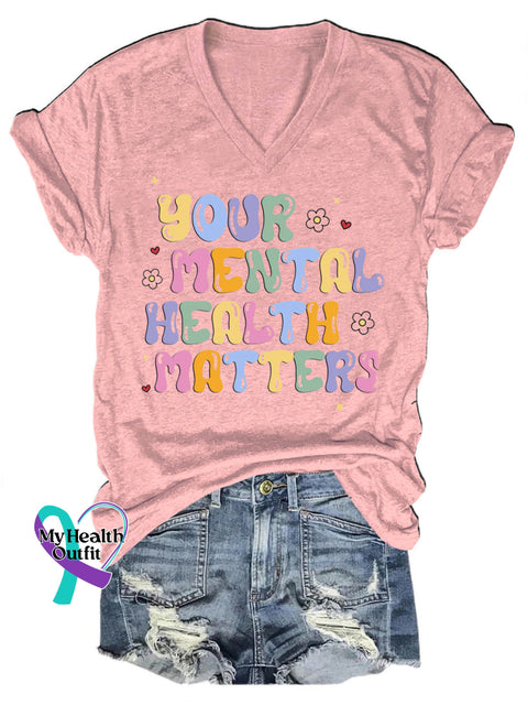 You Mental Health Matters Printed Casual V-Neck Short Sleeve T-Shirt Pink / S