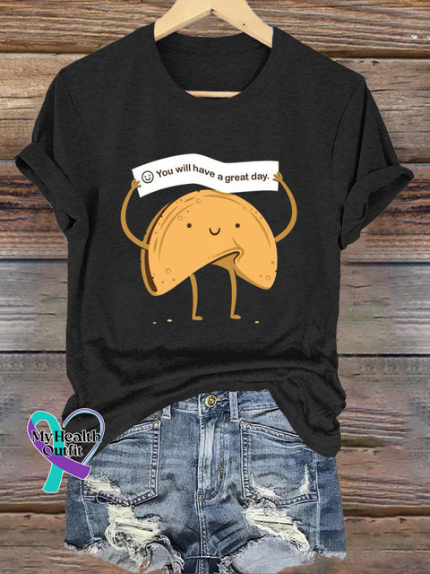 You Will Have A Great Day Lucky Chip Cookie Print Casual Crew Neck Short Sleeve T-Shirt Black / S