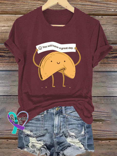 You Will Have A Great Day Lucky Chip Cookie Print Casual Crew Neck Short Sleeve T-Shirt Brown / S