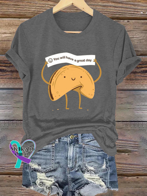 You Will Have A Great Day Lucky Chip Cookie Print Casual Crew Neck Short Sleeve T-Shirt Grey / S