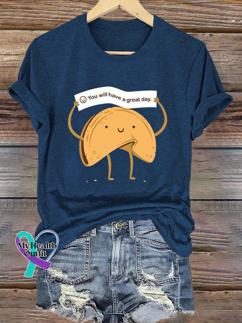 You Will Have A Great Day Lucky Chip Cookie Print Casual Crew Neck Short Sleeve T-Shirt NavyBlue / S